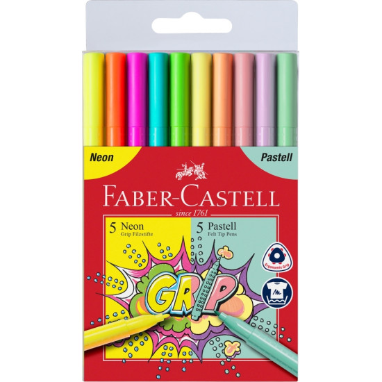 Trīsstūrveida flomāsteri Faber Castel, 5 pasteļu un 5 neona krāsas