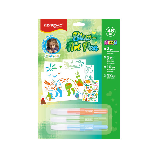 Pūšamo marķieru komplekts Keyroad Blow Art Pen, 48 priekšmeti, 3 neona krāsas