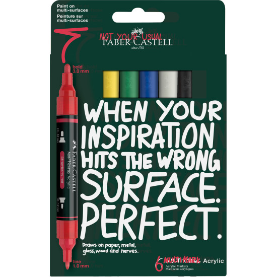 Akrila marķieru komplekts Faber-Castell Multimark, divpusēji, 1-3mm, 6 krāsas
