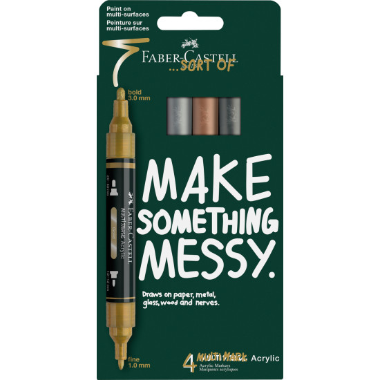 Akrila marķieru komplekts Faber-Castell Multimark Metallic, divpusēji, 1-3mm, 4 krāsas