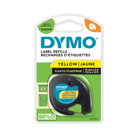 Marķēšanas lente Dymo LetraTag 91202, 12mmx 4m, melns uz dzeltena