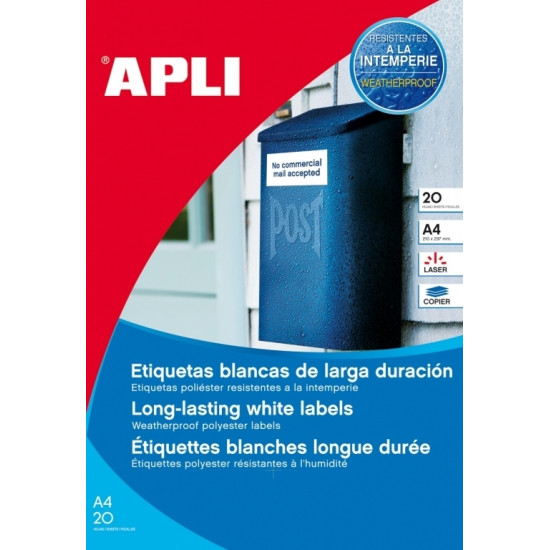 Pašlīmējošas uzlīmes Apli 1226 A4, 24gab/loksnē, 64.6x33.8mm, 20 loksnes, poliestera, baltas