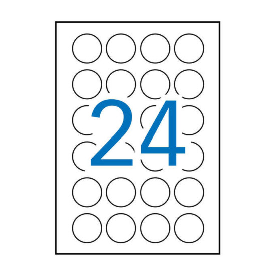 Marķēšanas uzlīmes Apli 13883, Ø40mm, apaļas, 24 gab/loksnē, 25 lapas, baltas