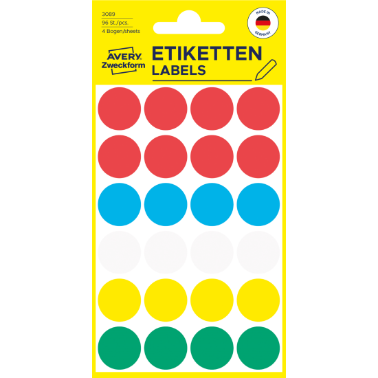 Marķēšanas uzlīmes Zweckform 3089, Ø18mm, apaļas, 96gab/iep., asorti