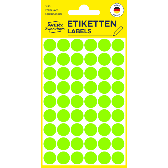 Marķēšanas  uzlīmes Awery Zweckform 3149, Ø12mm, apaļas, 270gab/iep., neona zaļas