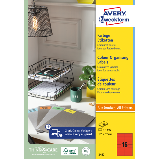 Pašlīmējošas uzlīmes Awery Zweckform 3452, 105x37mm, 16 gab/loksnē, 100 lapas, sarkanas