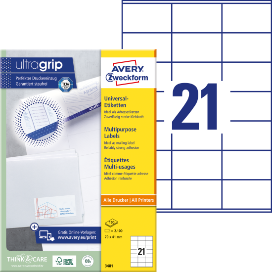Pašlīmējošas uzlīmes Awery Zweckform 3481 70x41mm, 21 gab/loksnē, 100 lapas, baltas