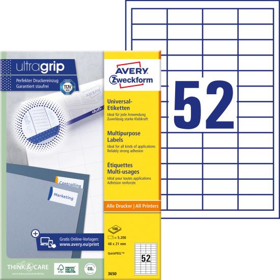 Pašlīmējošas uzlīmes Awery Zweckform 48x21mm, 52 gab/loksnē, 100 lapas, baltas
