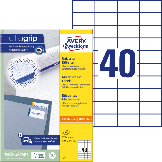 Этикетки Avery Zweckform 3651, White, Бесперебойная печать
