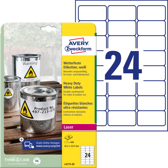 Pašlīmējošas uzlīmes Awery Zweckform L4773-20, 63.5x33.9mm, 24 gab/loksnē, 20 lapas, poliestera, ūdensnoturīgas, baltas