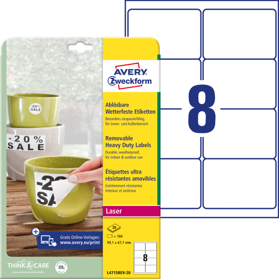 Лазерные Этикетки Avery Zweckform L4715REV-20, White, Съёмные