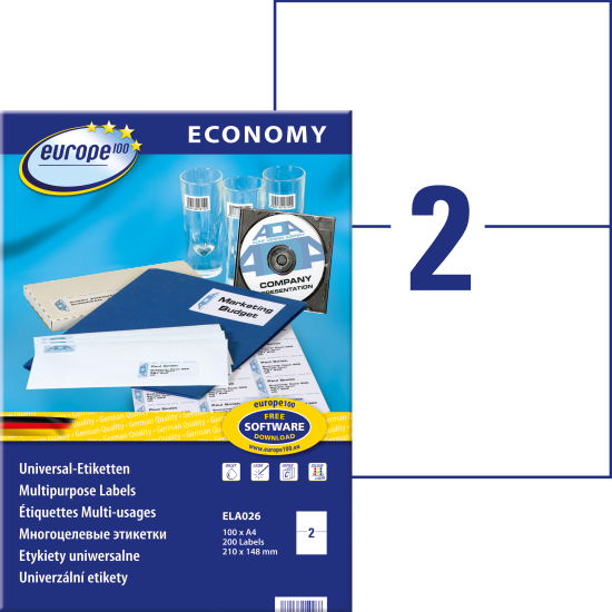 Pašlīmējošas uzlīmes Awery Economy ELA026, 210x148.5mm, 2 gab/loksnē, 100 lapas, baltas