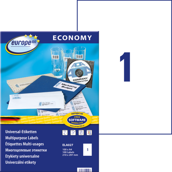Pašlīmējošas uzlīmes Awery Economy ELA027, A4, 210x297mm, 1 gab/loksnē, 100 lapas, baltas