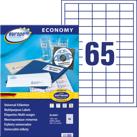 Pašlīmējošas uzlīmes Awery Economy ELA001, 38x21.2mm, 65 gab/loksnē, 100 lapas, baltas