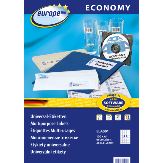 Pašlīmējošas uzlīmes Awery Economy ELA001, 38x21.2mm, 65 gab/loksnē, 100 lapas, baltas