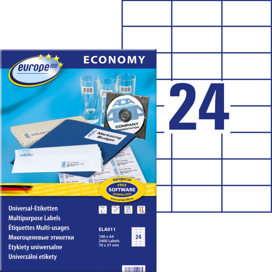 Pašlīmējošas uzlīmes Awery Economy ELA011, 70x37mm, 24 gab/loksnē, 100 lapas, baltas