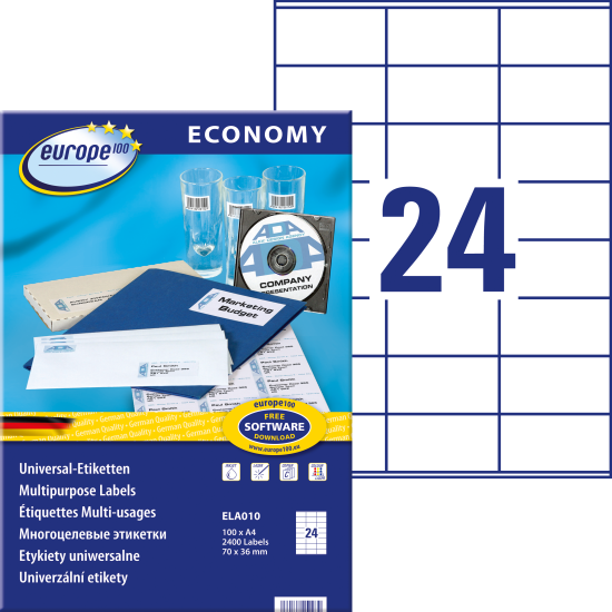 Pašlīmējošas uzlīmes Awery Economy ELA010, 70x36mm, 24 gab/loksnē, 100 lapas, baltas