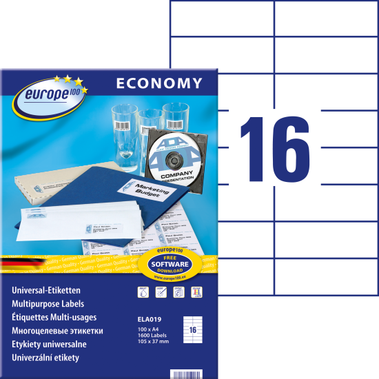 Pašlīmējošas uzlīmes Awery Economy ELA019, 105x37mm, 16 gab/loksnē, 100 lapas, baltas