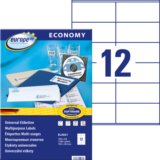 Pašlīmējošas uzlīmes Awery Economy ELA021, 105x48mm, 12 gab/loksnē, 100 lapas, baltas