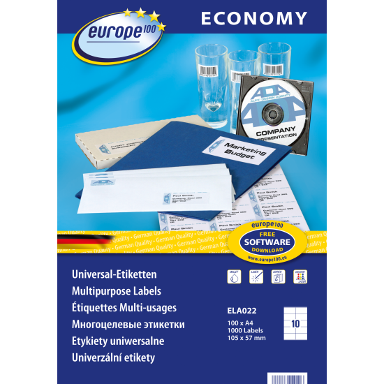 Pašlīmējošas uzlīmes Awery Economy ELA022, 105x57mm, 10 gab/loksnē, 100 lapas, baltas