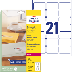 Pašlīmējošas uzlīmes Awery Zweckform L7560-25, 63.5x38.1mm, 21 gab/loksnē, 25 lapas, caurspīdīgas