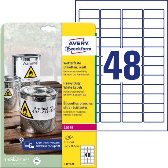 Pašlīmējošas uzlīmes Awery Zweckform L4778-20, 45.7x21.2mm, 48 gab/loksnē, 20 lapas, baltas
