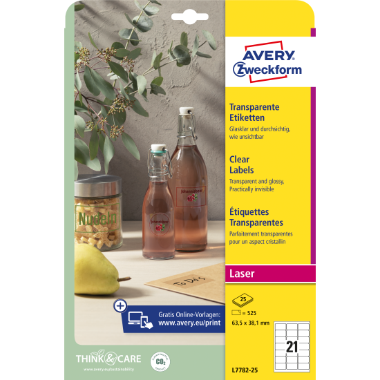 Pašlīmējošas uzlīmes Awery Zweckform L7782-25, 63.5x38.1mm,21 gab/loksnē, 25 lapas, poliestera, caurspīdīgas