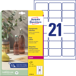 Pašlīmējošas uzlīmes Awery Zweckform L7782-25, 63.5x38.1mm,21 gab/loksnē, 25 lapas, poliestera, caurspīdīgas
