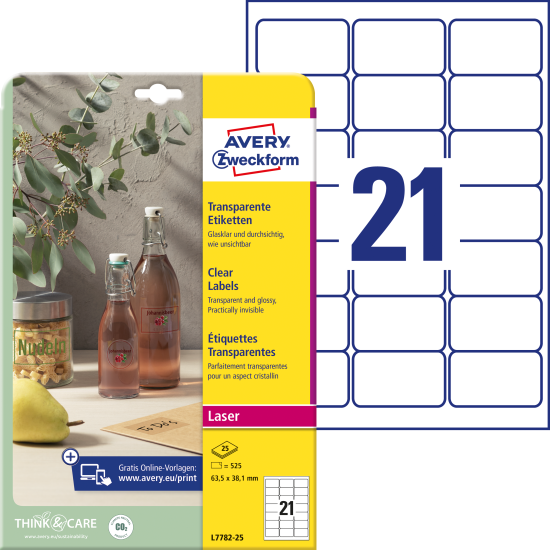 Pašlīmējošas uzlīmes Awery Zweckform L7782-25, 63.5x38.1mm,21 gab/loksnē, 25 lapas, poliestera, caurspīdīgas