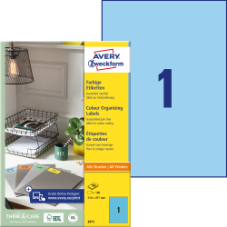 Pašlīmējošas uzlīmes Avery Zweckform 3471, 210x297mm, 1 gab/loksnē, 100 lapas, zilas