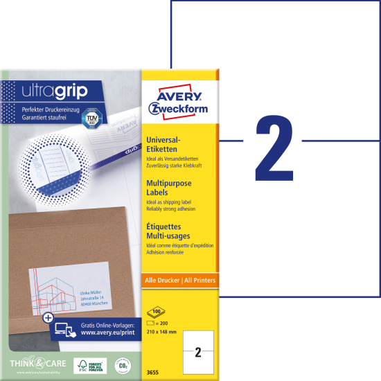 Pašlīmējošas uzlīmes Awery Zweckform 3655, 210x148mm, 2 gab/loksnē, 100 lapas, baltas