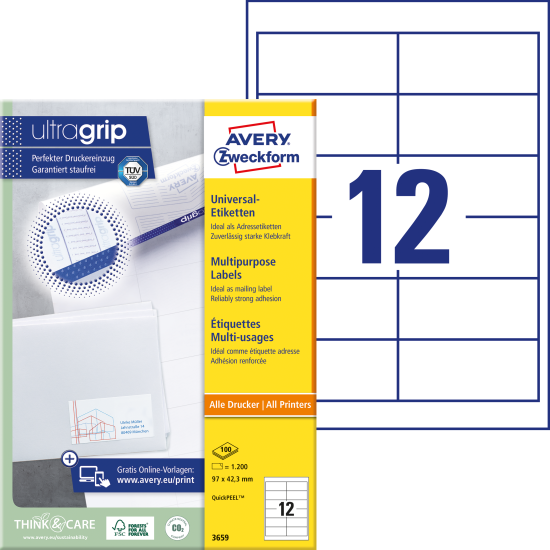 Pašlīmējošas uzlīmes Avery Zweckform 3659 97x42.3mm, 12 gab/loksnē, 100 lapas, baltas