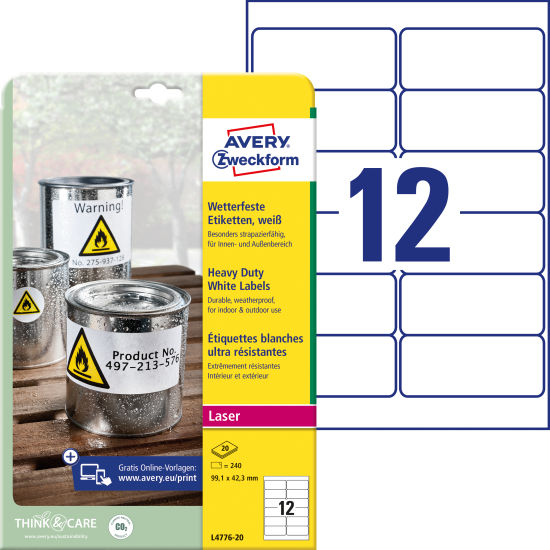 Pašlīmējošas uzlīmes Avery Zweckform L4776-20 99.1x42.3mm A4,20 loksnes poliestera laikapstākļiem izturīgas, baltas