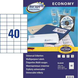 Pašlīmējošas uzlīmes Awery Economy ELA049, A4, 52.5x29.7mm, 40 gab/loksnē, 100 lapas, baltas