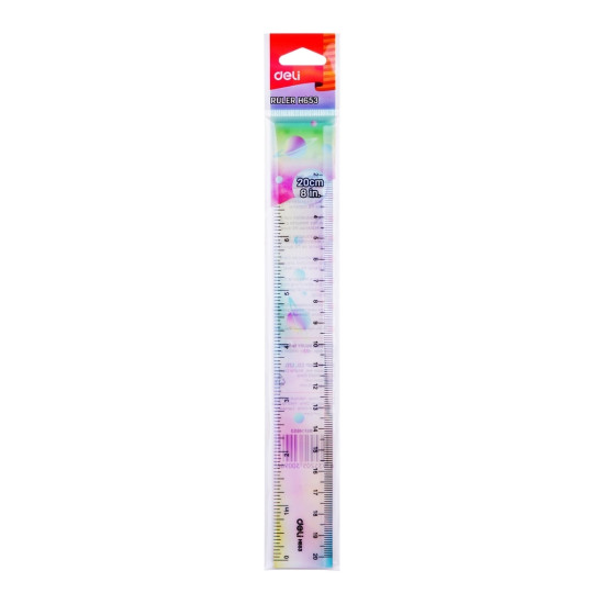 Lineāls Deli 20cm, plastmasas, caurspīdīgs, asorti